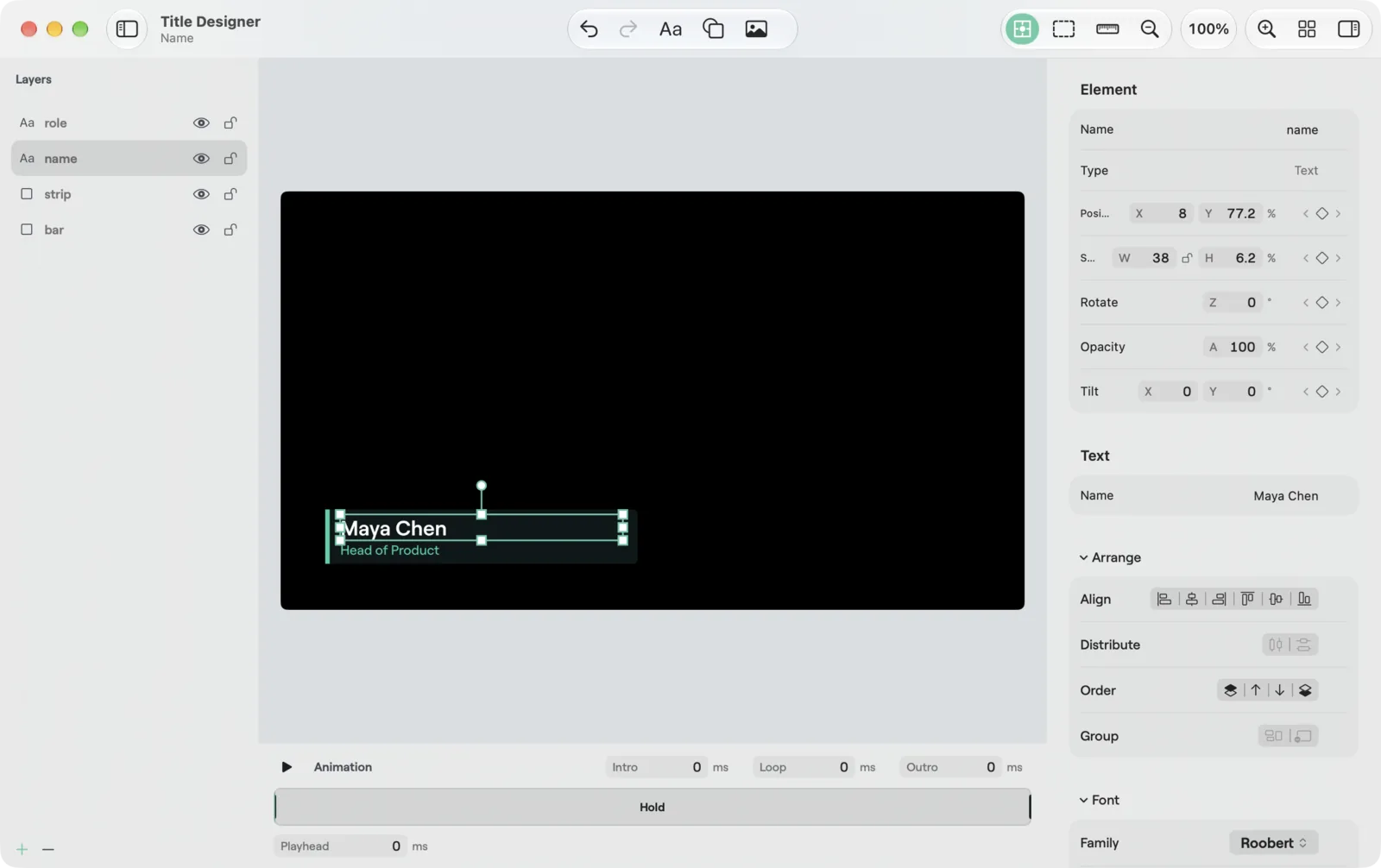 The Title Designer on macOS: Layers on the left, canvas, timeline strip and Inspector