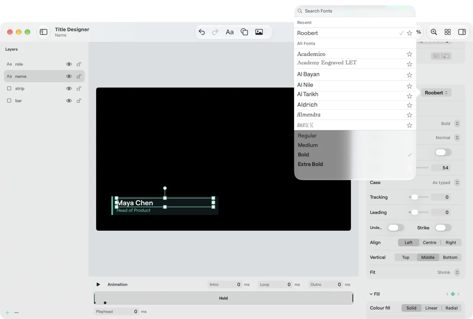 The font picker on macOS, search field and the list of families with weights