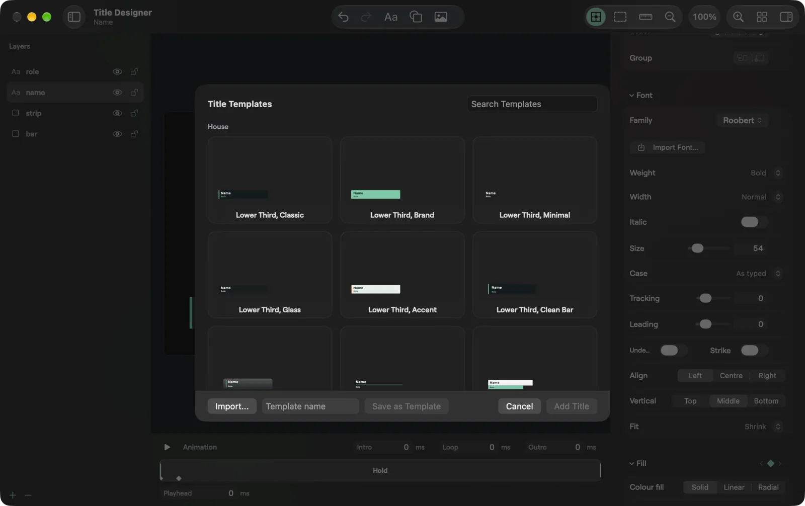 The Title Templates sheet on macOS, grid of House templates