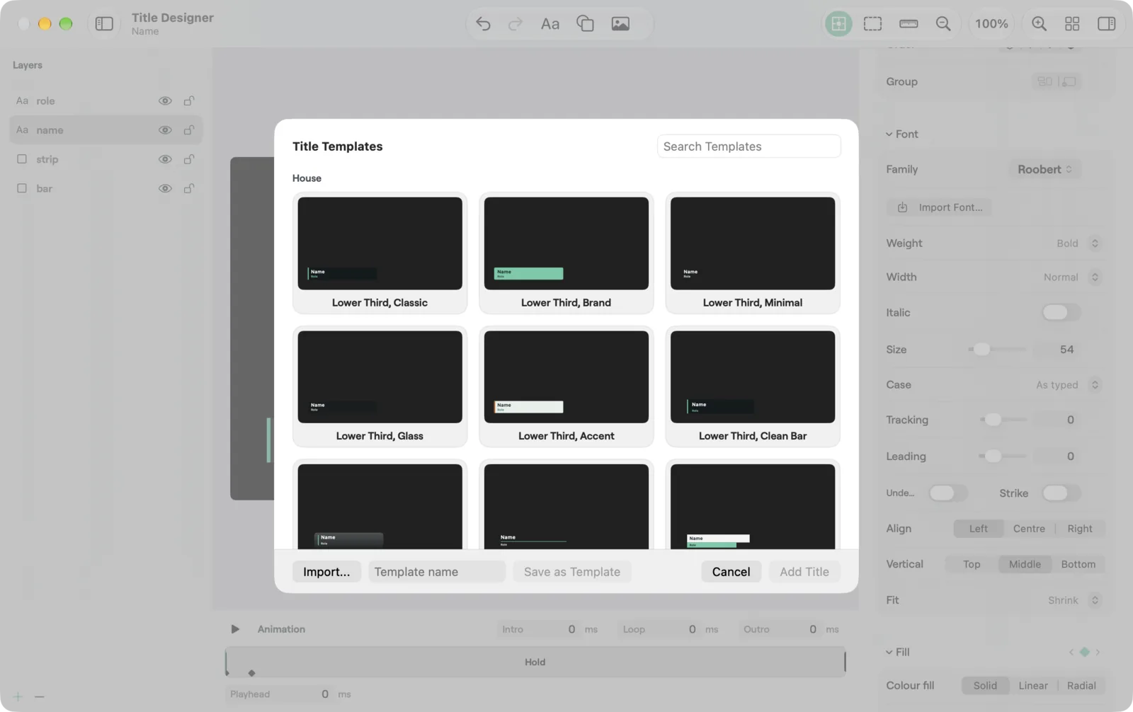 The Title Templates sheet on macOS, grid of House templates