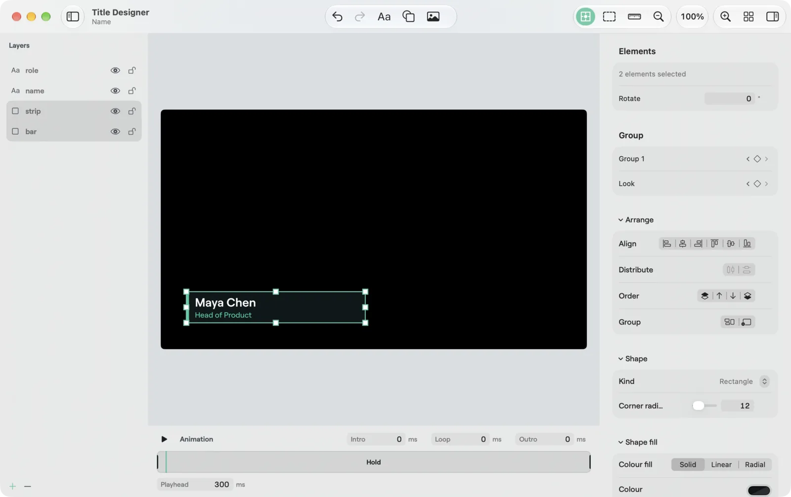 A whole group selected in the macOS Title Designer, pose and look diamonds in the Group section
