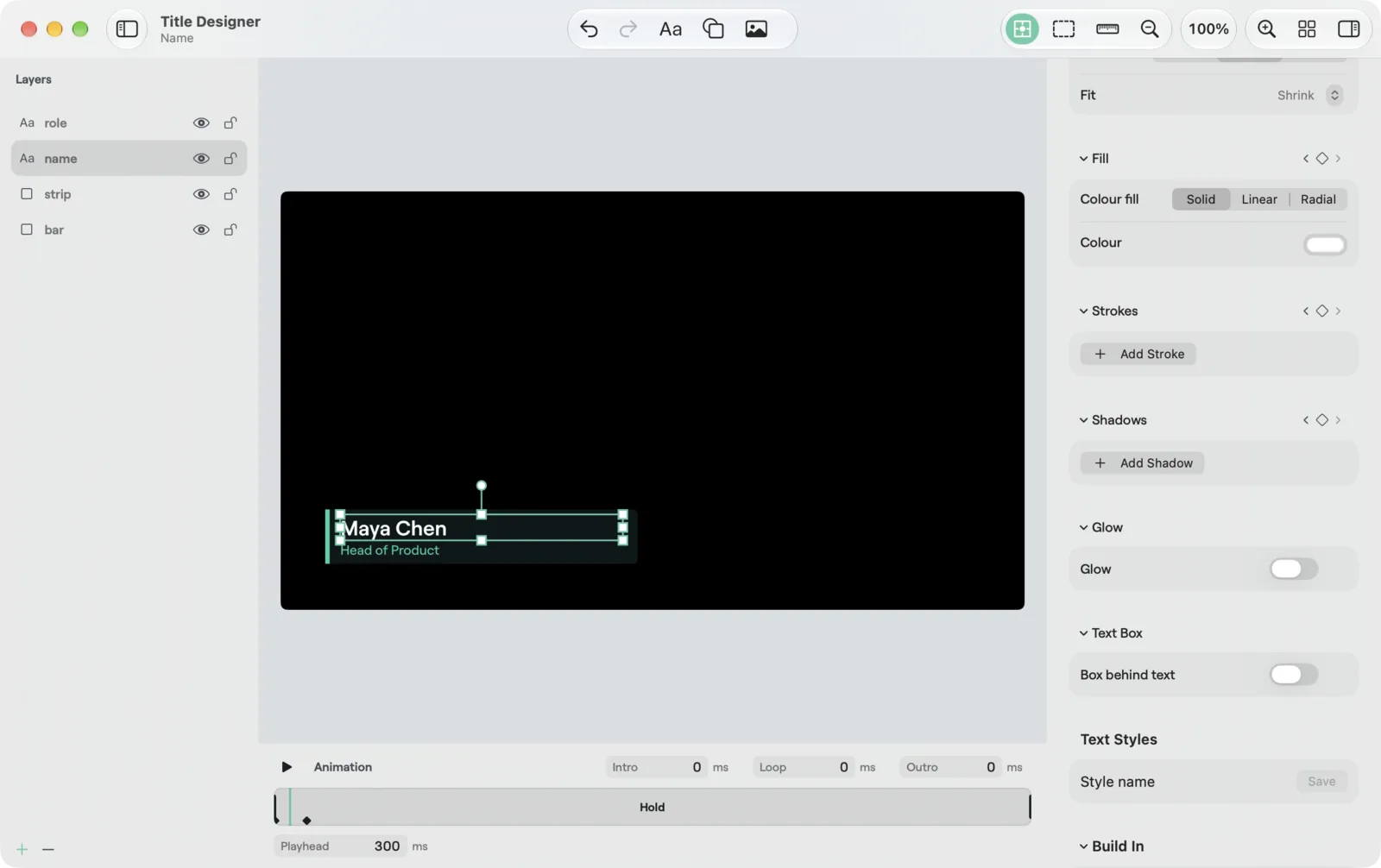 A text element in the macOS Title Designer with look key diamonds on Fill, Strokes and Shadows