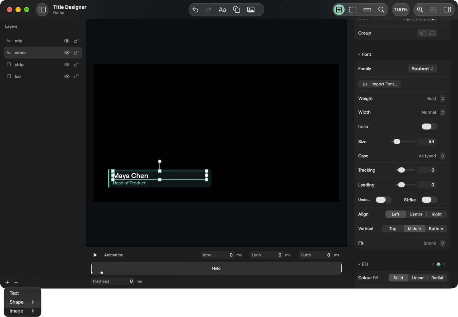 The Layers add menu in the macOS Title Designer, Text, Shape and Image