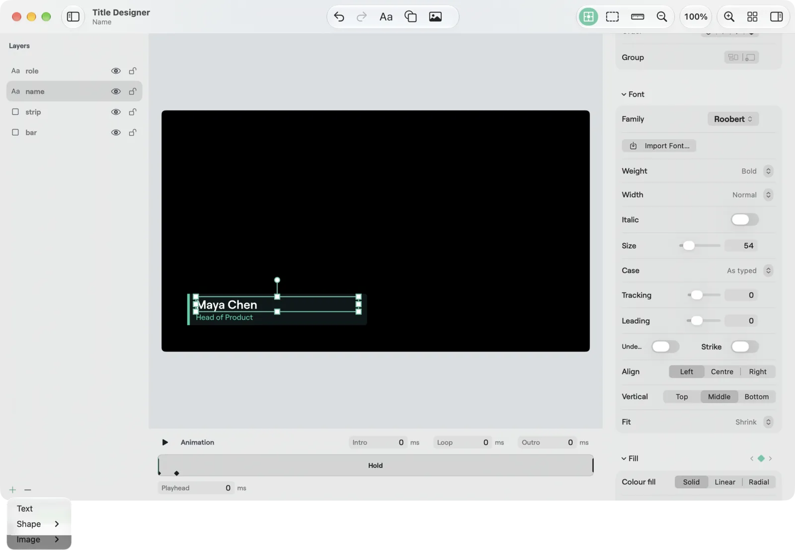 The Layers add menu in the macOS Title Designer, Text, Shape and Image