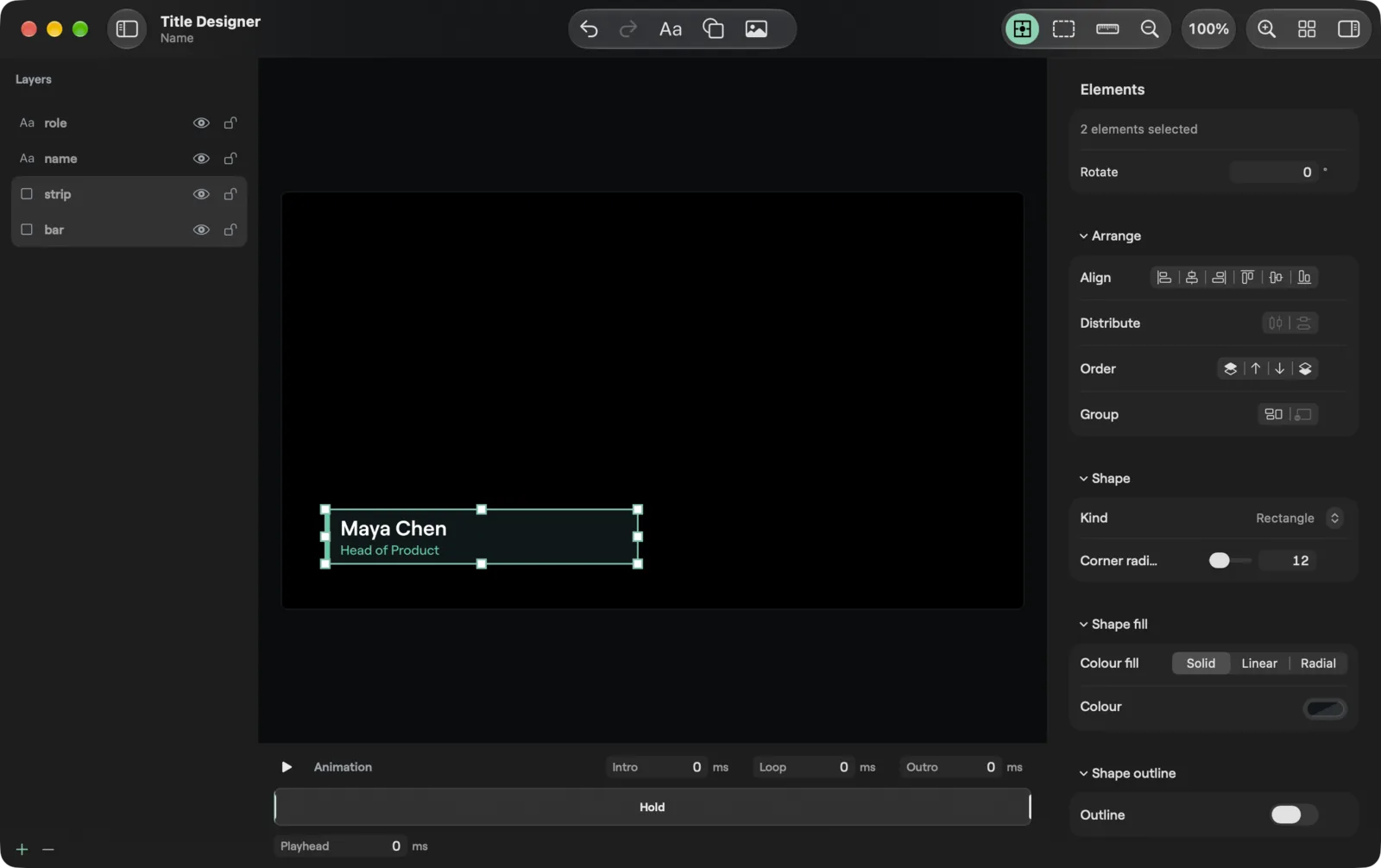 Two elements selected in the macOS Title Designer, Inspector with one Rotate field and Arrange