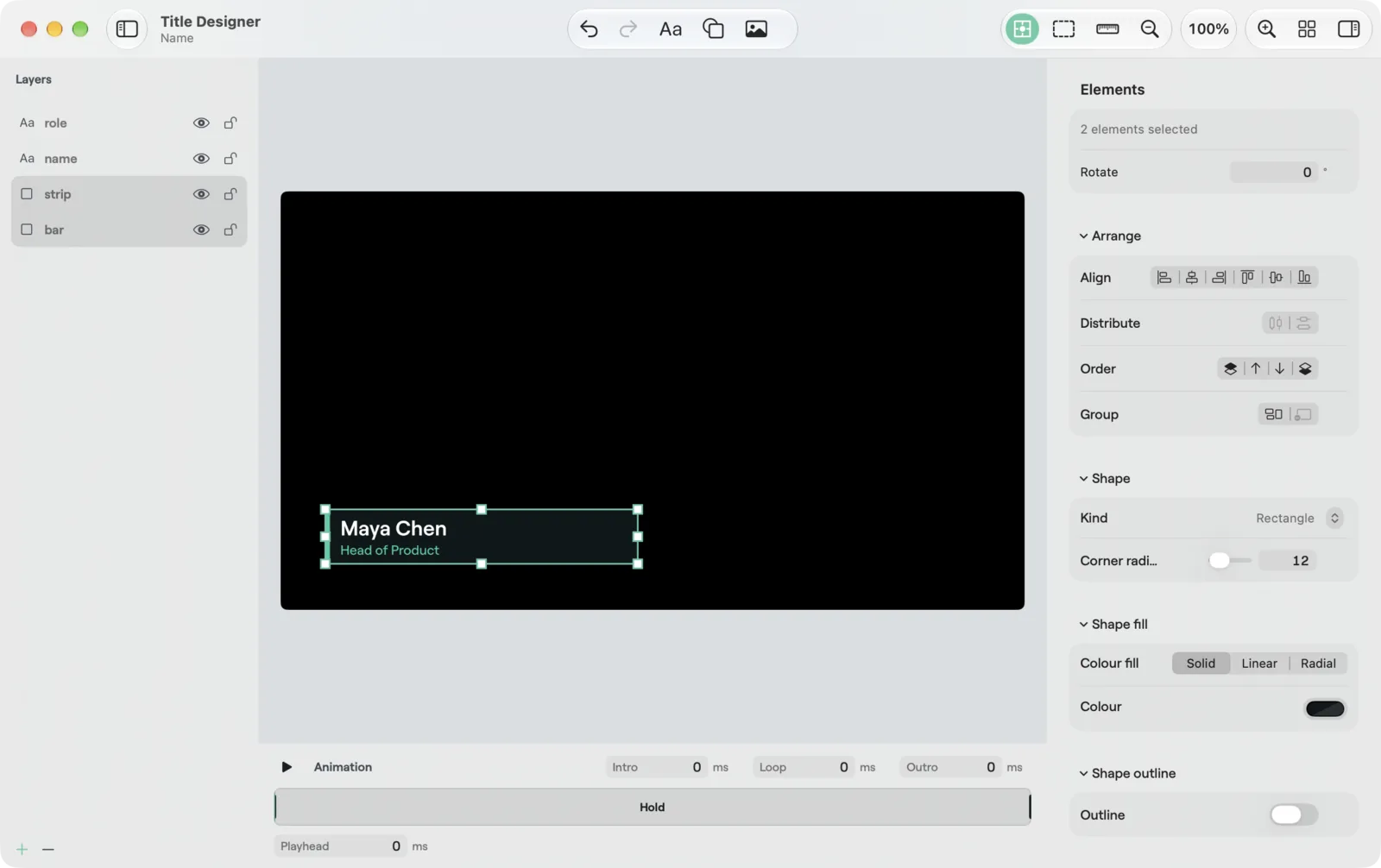 Two elements selected in the macOS Title Designer, Inspector with one Rotate field and Arrange