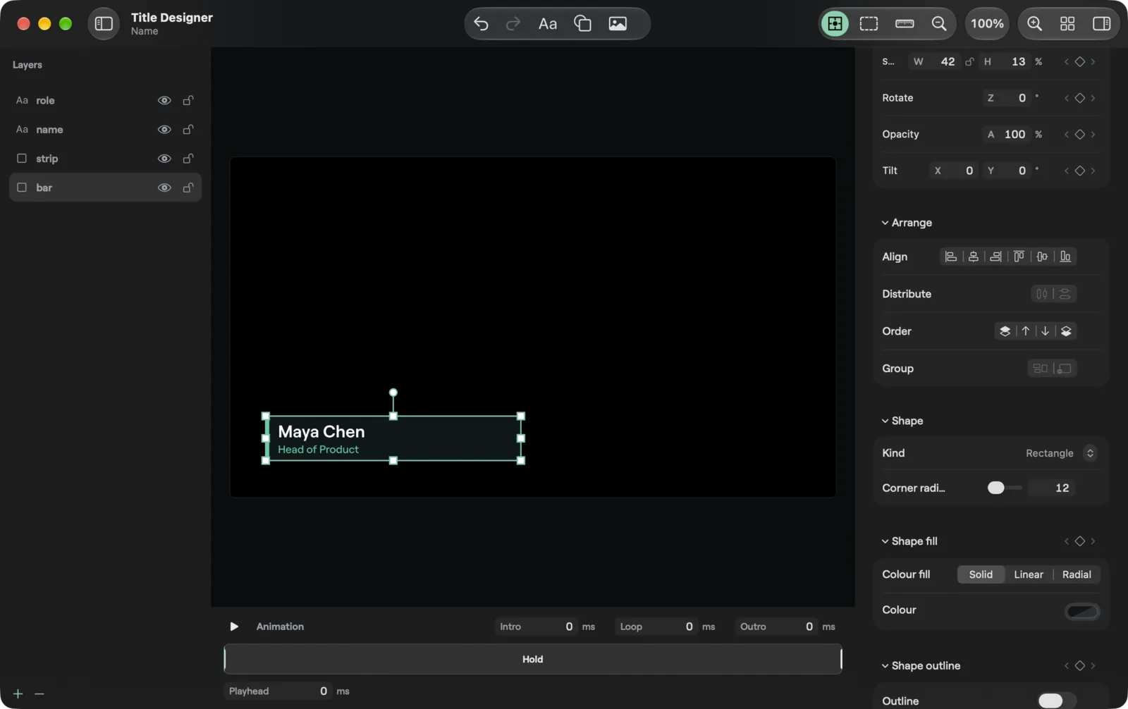 The Arrange and Shape sections for a shape in the macOS Title Designer Inspector