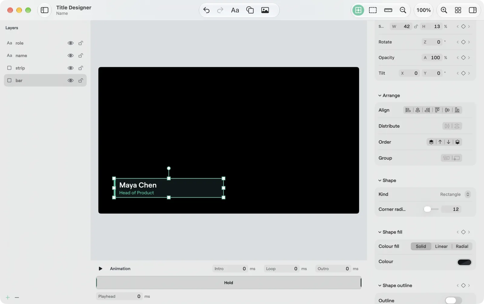 The Arrange and Shape sections for a shape in the macOS Title Designer Inspector