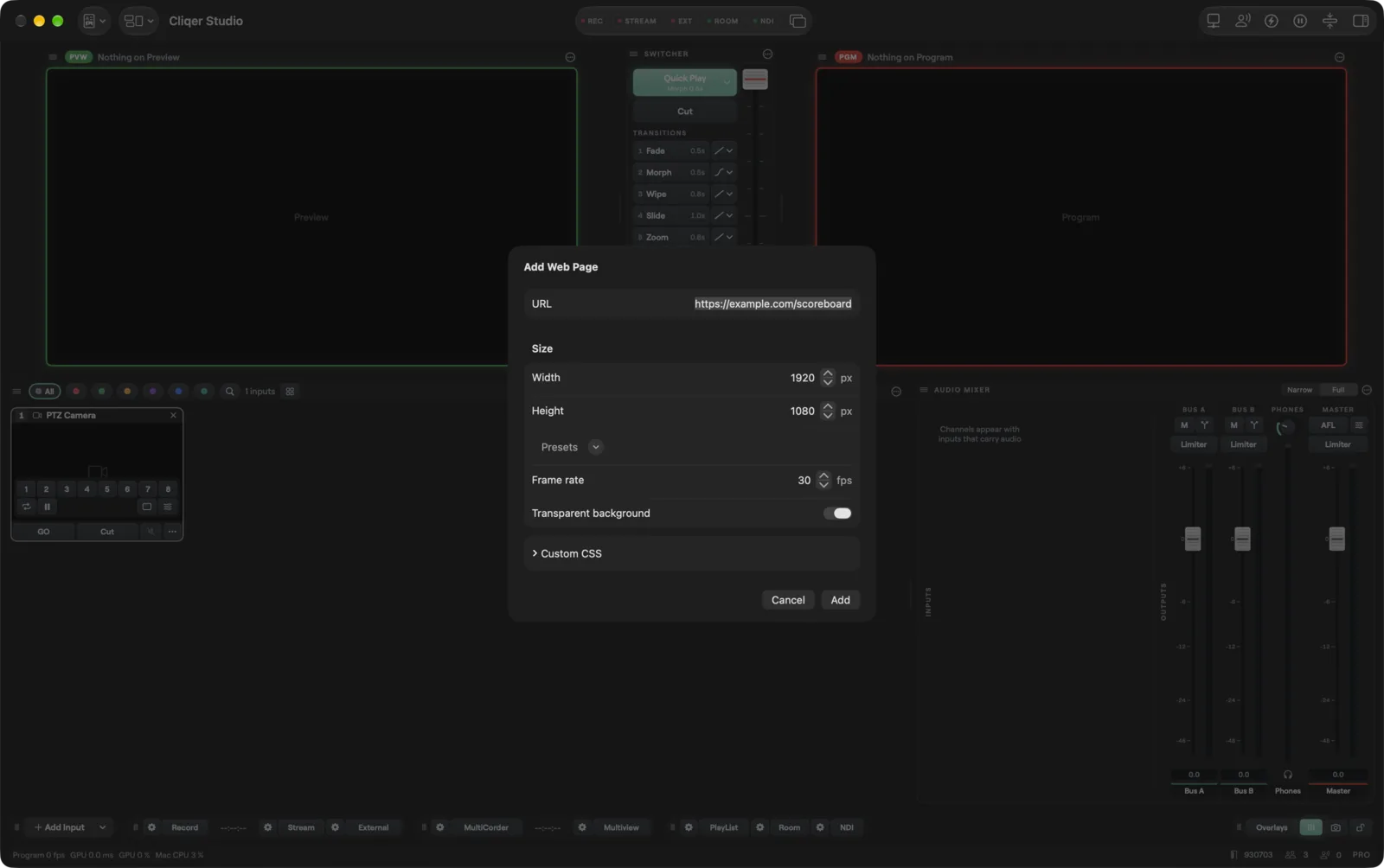 The Add Web Page sheet