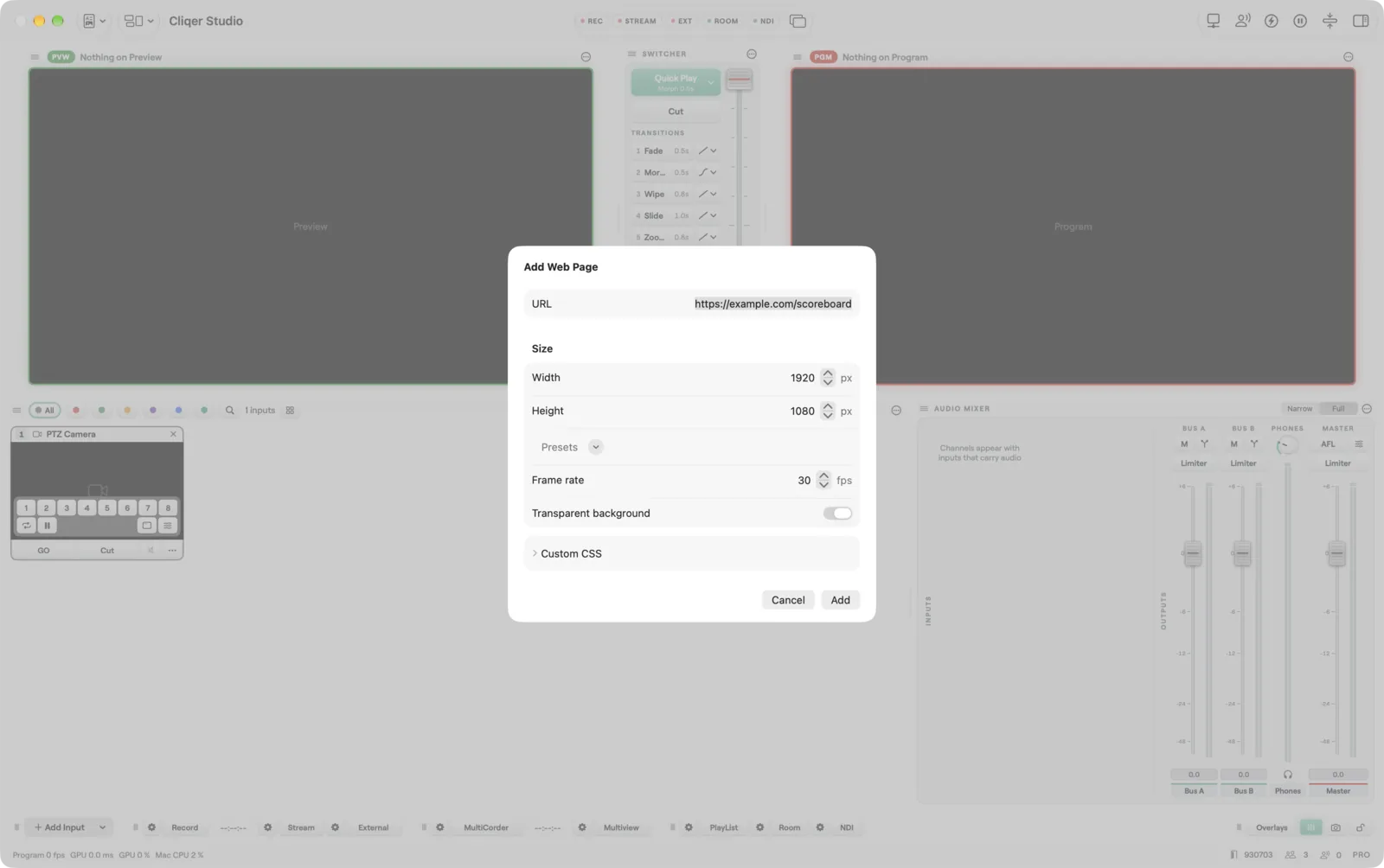 The Add Web Page sheet