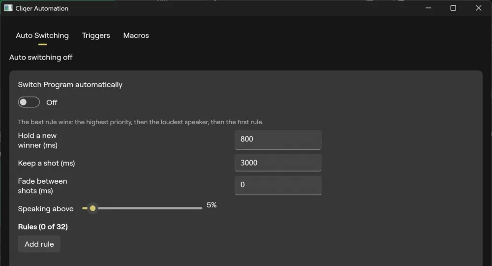 The Automation window on Windows, on Auto Switching