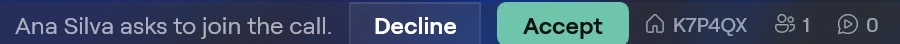 The Studio status bar on Windows with a presenter asking to join the call, and Decline and Accept buttons