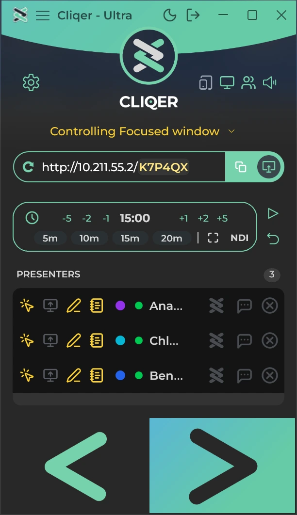 The Classic layout on Windows: room link, timer, presenters and the Next and Previous keys
