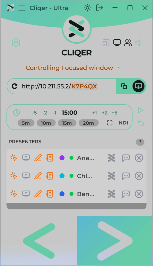 The Classic layout on Windows: room link, timer, presenters and the Next and Previous keys