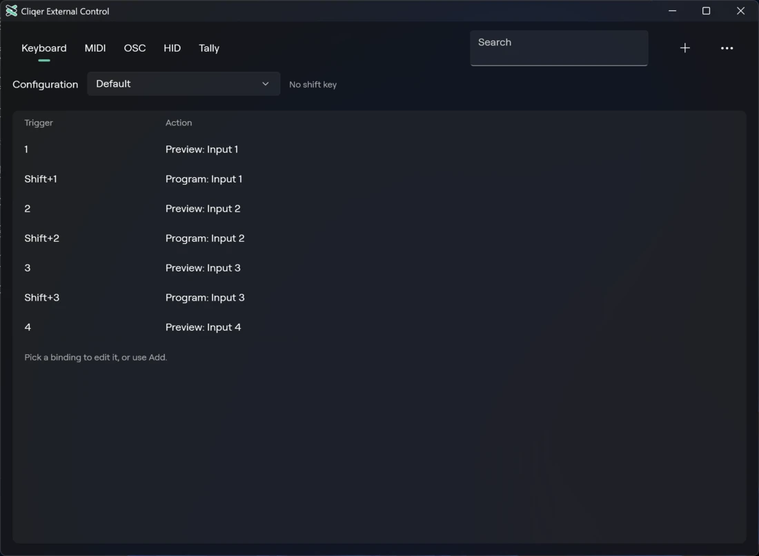 The Keyboard tab of External Control on Windows with the default bindings