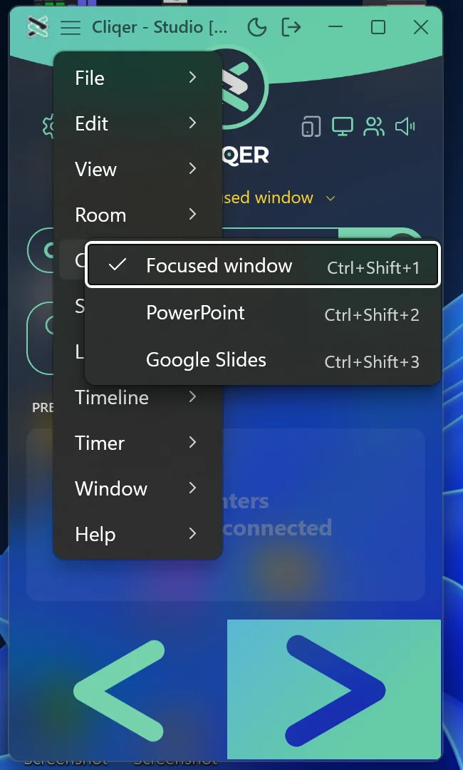 The Control menu on Windows with Focused window, PowerPoint and Google Slides, the current one checked, and its key beside each