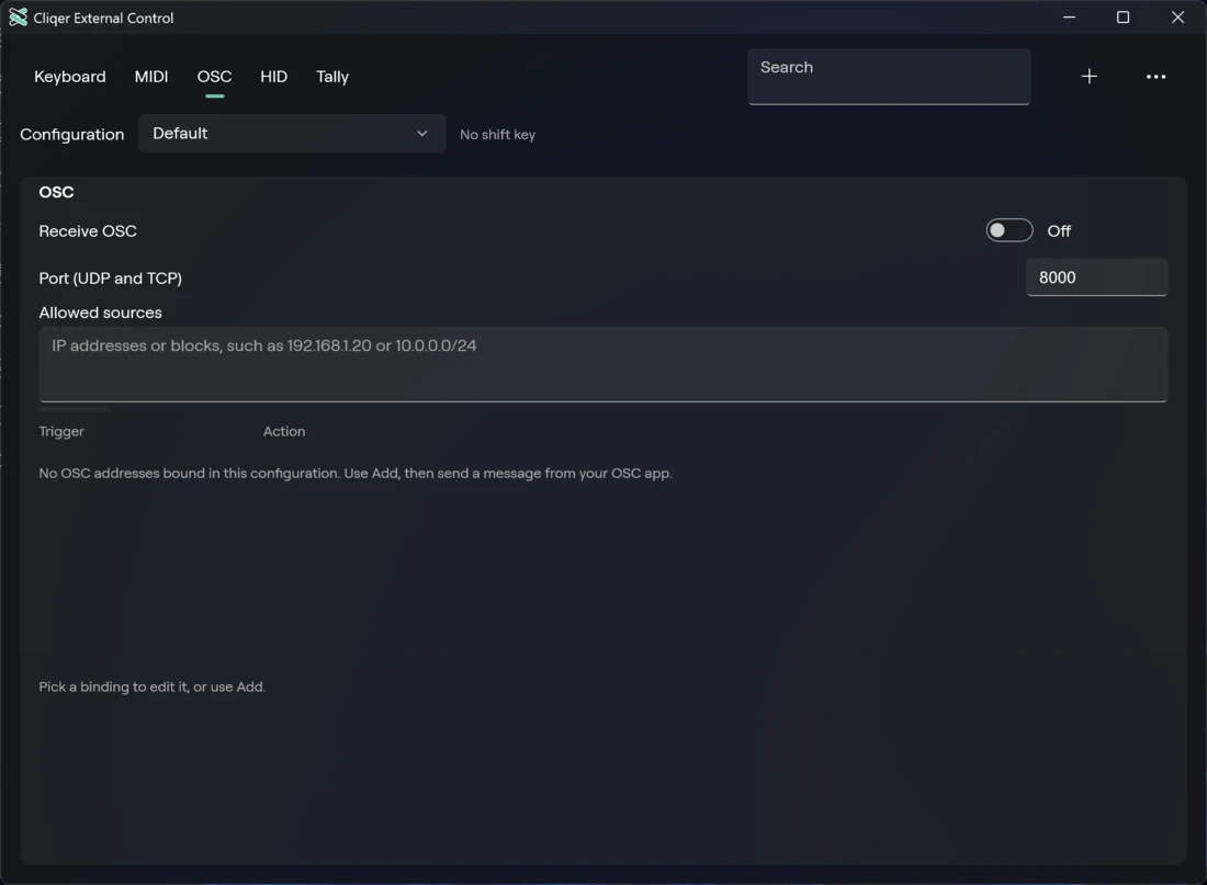 The OSC tab of External Control on Windows with the receiver and allowed sources