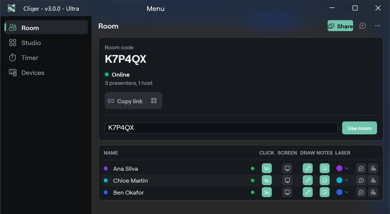 The Room page in the Console window design on Windows