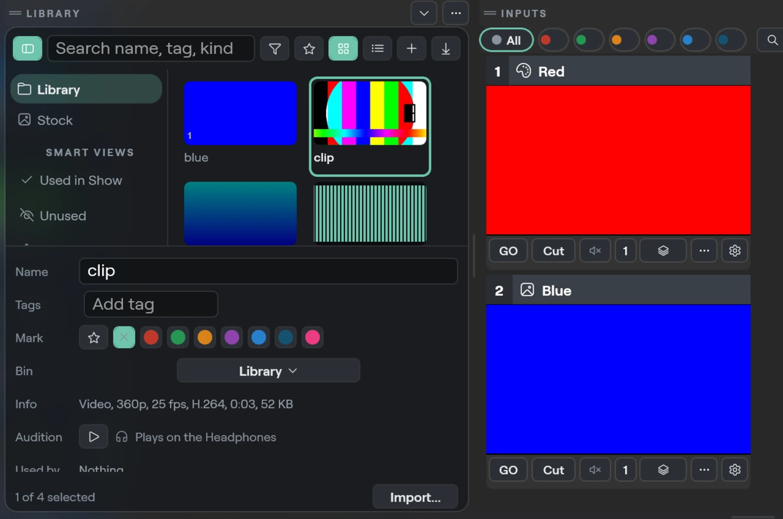 The Library panel on Windows: bins and smart views on the left, a grid of video, image and sound tiles with a search field above, and the inspector strip for the selected tile below