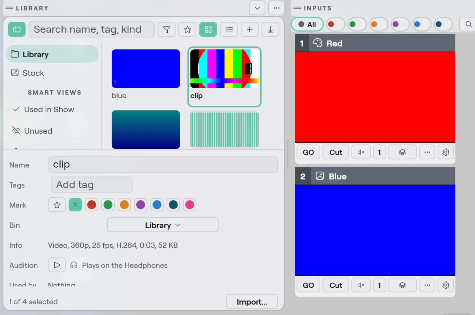 The Library panel on Windows: bins and smart views on the left, a grid of video, image and sound tiles with a search field above, and the inspector strip for the selected tile below