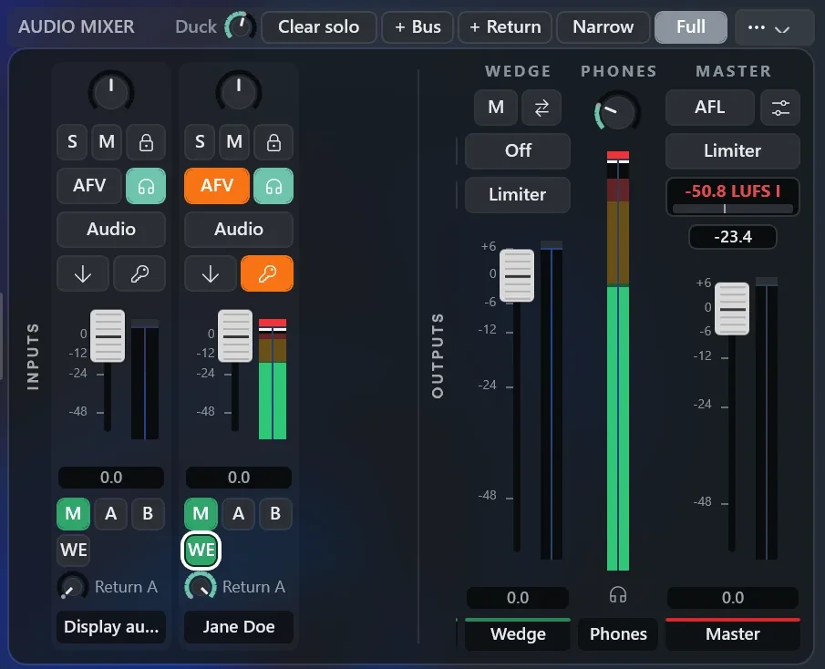 Part of the Audio Mixer on Windows: the header keys Clear solo, + Bus, + Return, Narrow and Full, two input strips with M, A, B and WE keys and a Return A send knob, and the pinned Wedge, Phones and Master strips