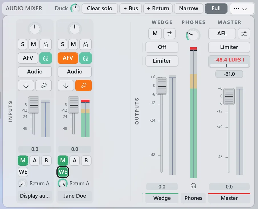 Part of the Audio Mixer on Windows: the header keys Clear solo, + Bus, + Return, Narrow and Full, two input strips with M, A, B and WE keys and a Return A send knob, and the pinned Wedge, Phones and Master strips