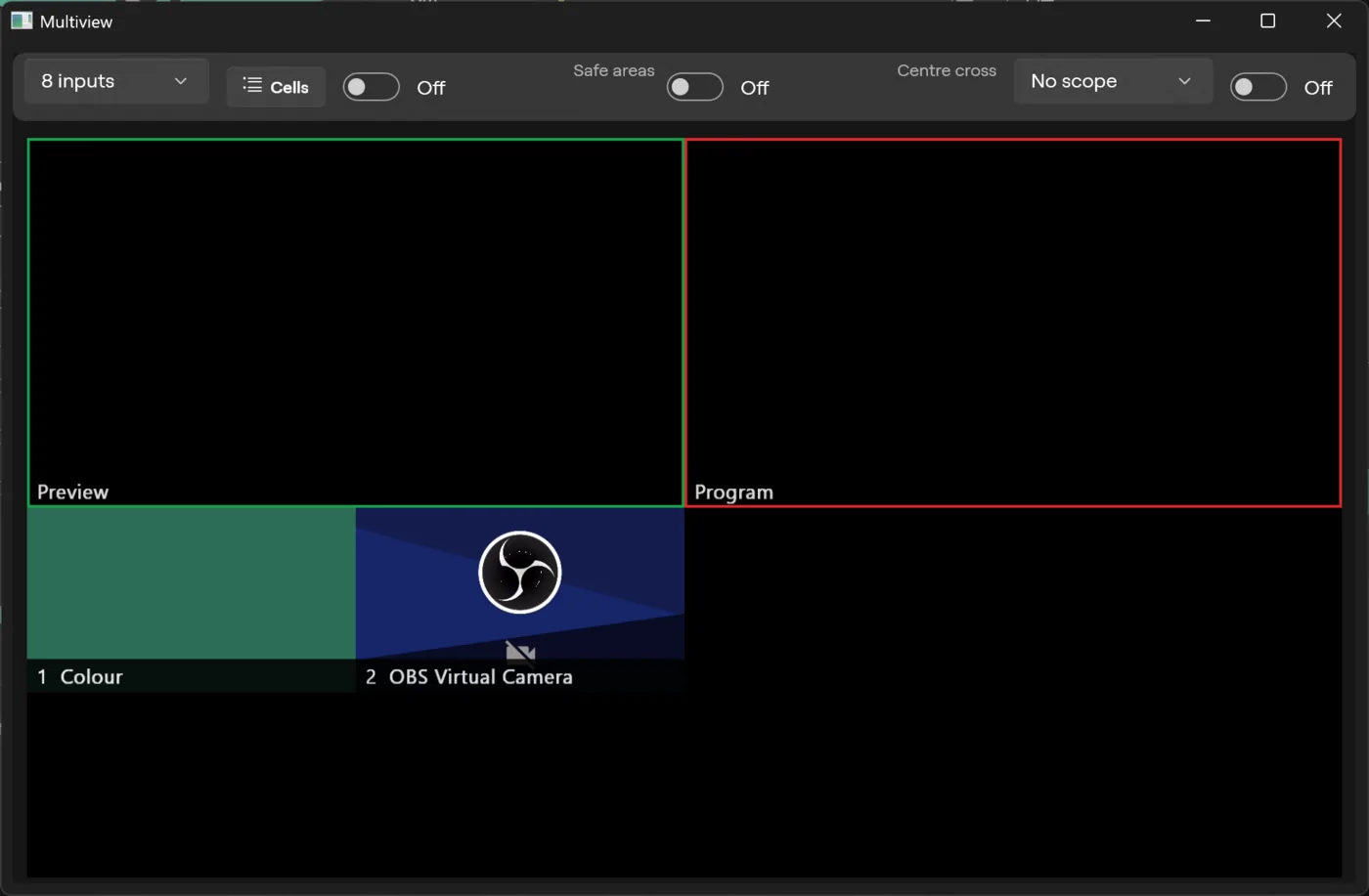 Multiview in a window on Windows, with the toolbar above Preview, Program and input cells
