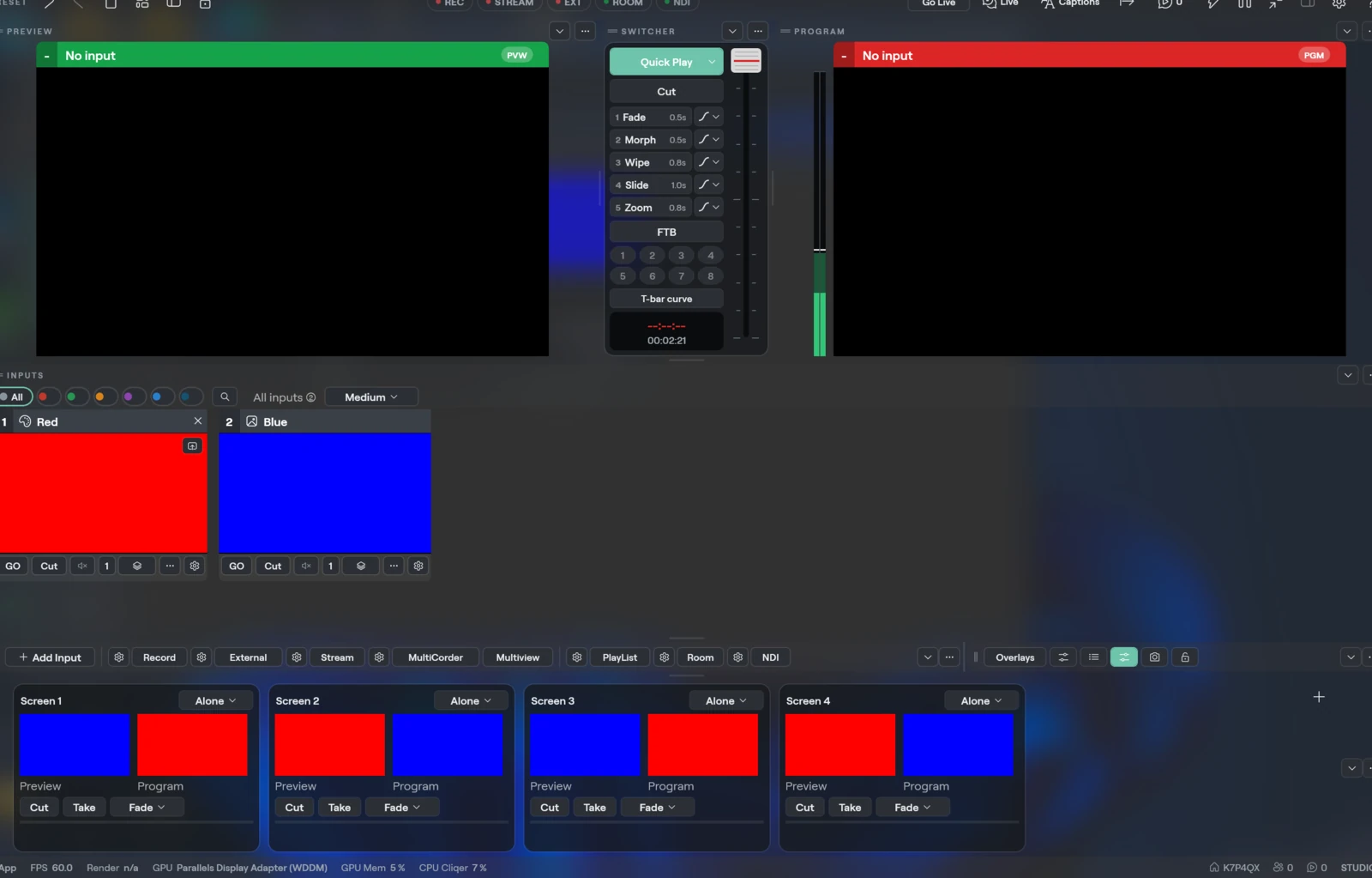 The Studio window on Windows with four screen cards under the panels, each with a Preview picture, a Program picture, Cut, Take and a menu, and a link menu reading Alone