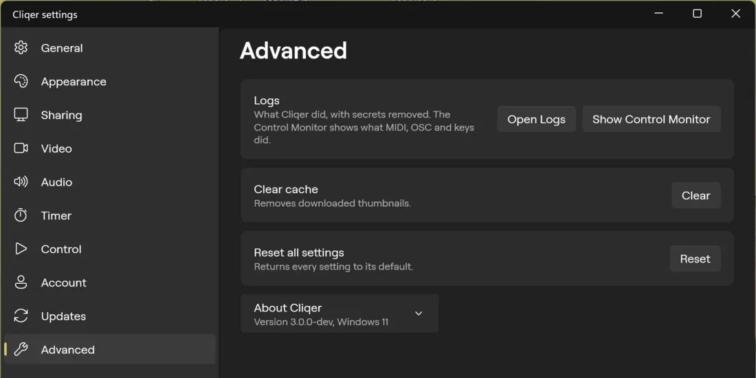 Advanced in Settings on Windows, with logs, cache and reset