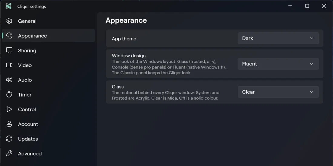 Appearance in Settings on Windows, with app theme, window design and glass