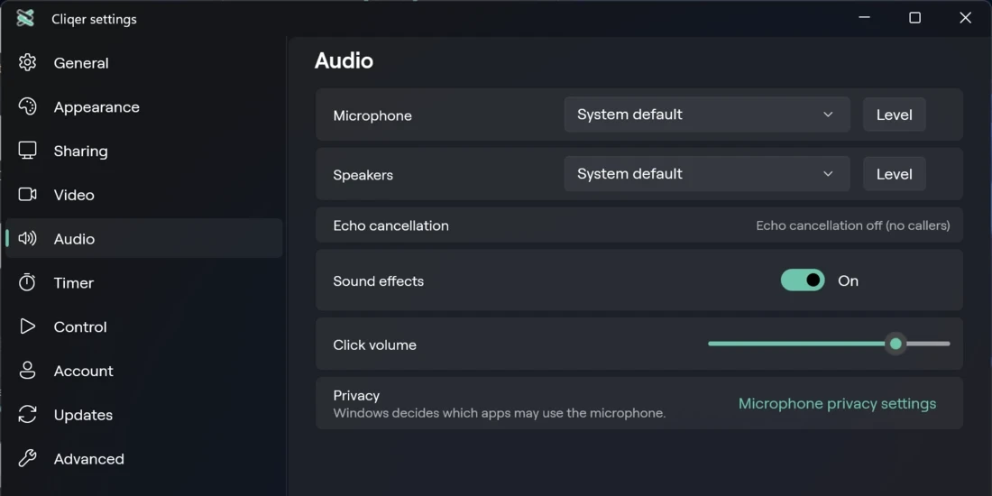 Audio in Settings on Windows, with microphone, speakers and click sounds