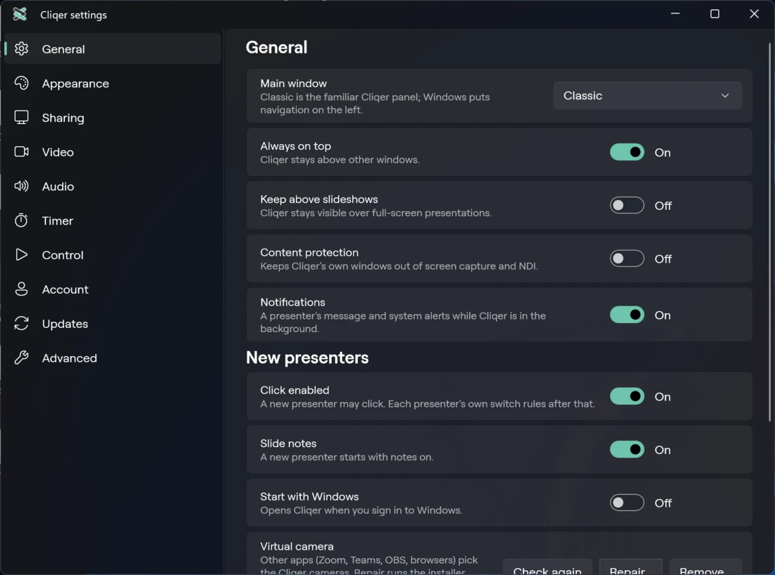General in Settings on Windows