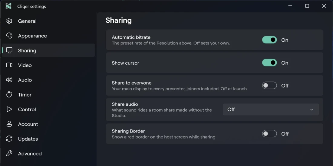 Sharing in Settings on Windows, with bitrate, cursor and share audio