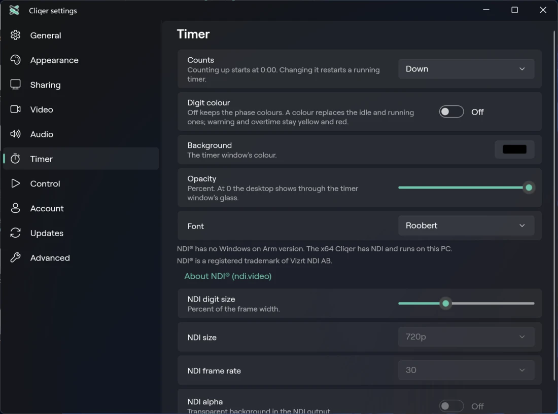 Timer in Settings on Windows, with Counts, Digit colour and the timer NDI options