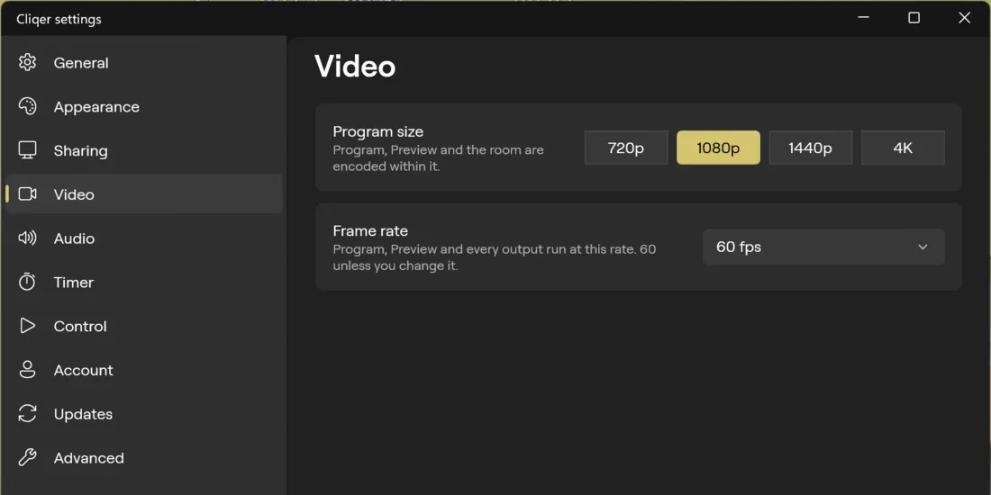 Video in Settings on Windows, with Program size and frame rate