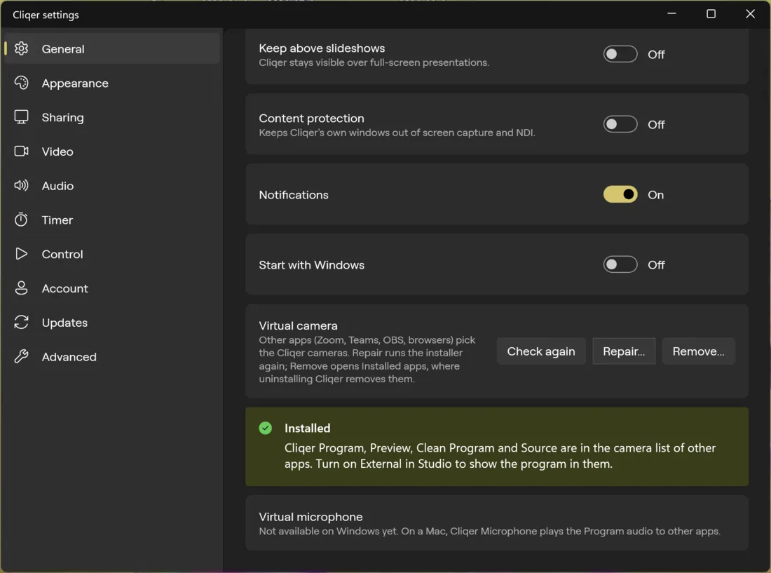General in Settings on Windows, scrolled to the Virtual camera card showing Installed