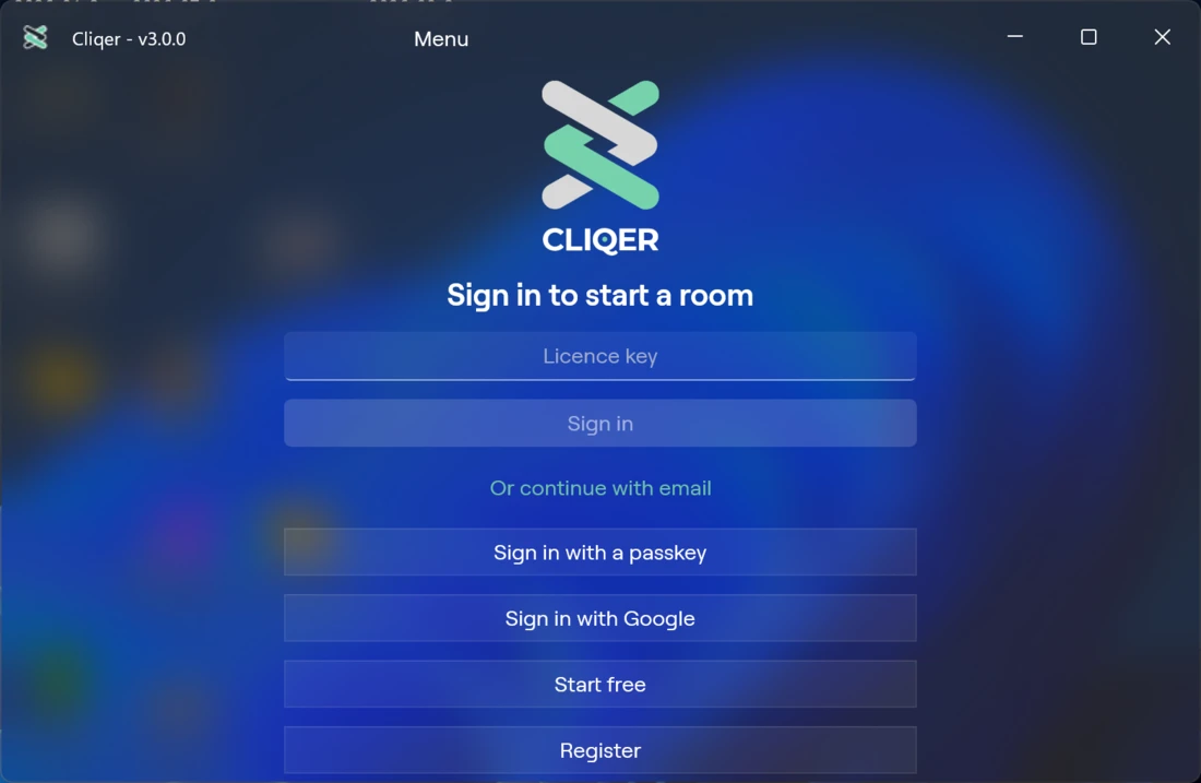The Windows layout signed out: Cliqer logo, Sign in to start a room, licence key, passkey, Google, Start free and Register