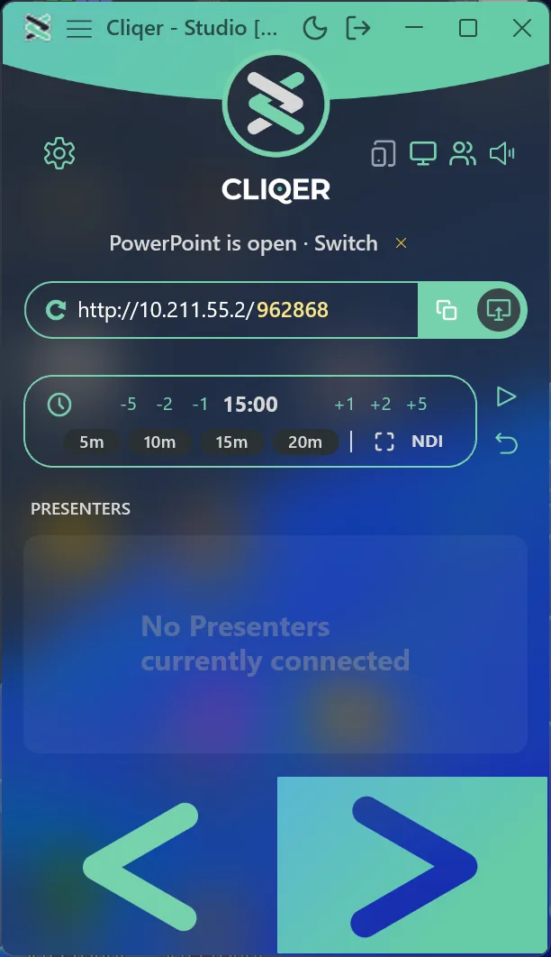 The Classic panel on Windows with a chip under Controlling reading PowerPoint is open, Switch, and a small x