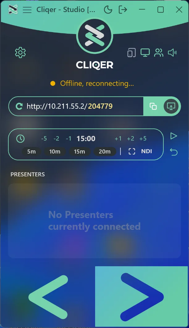 The Classic panel on Windows with an amber dot and the words Offline, reconnecting… in the status row