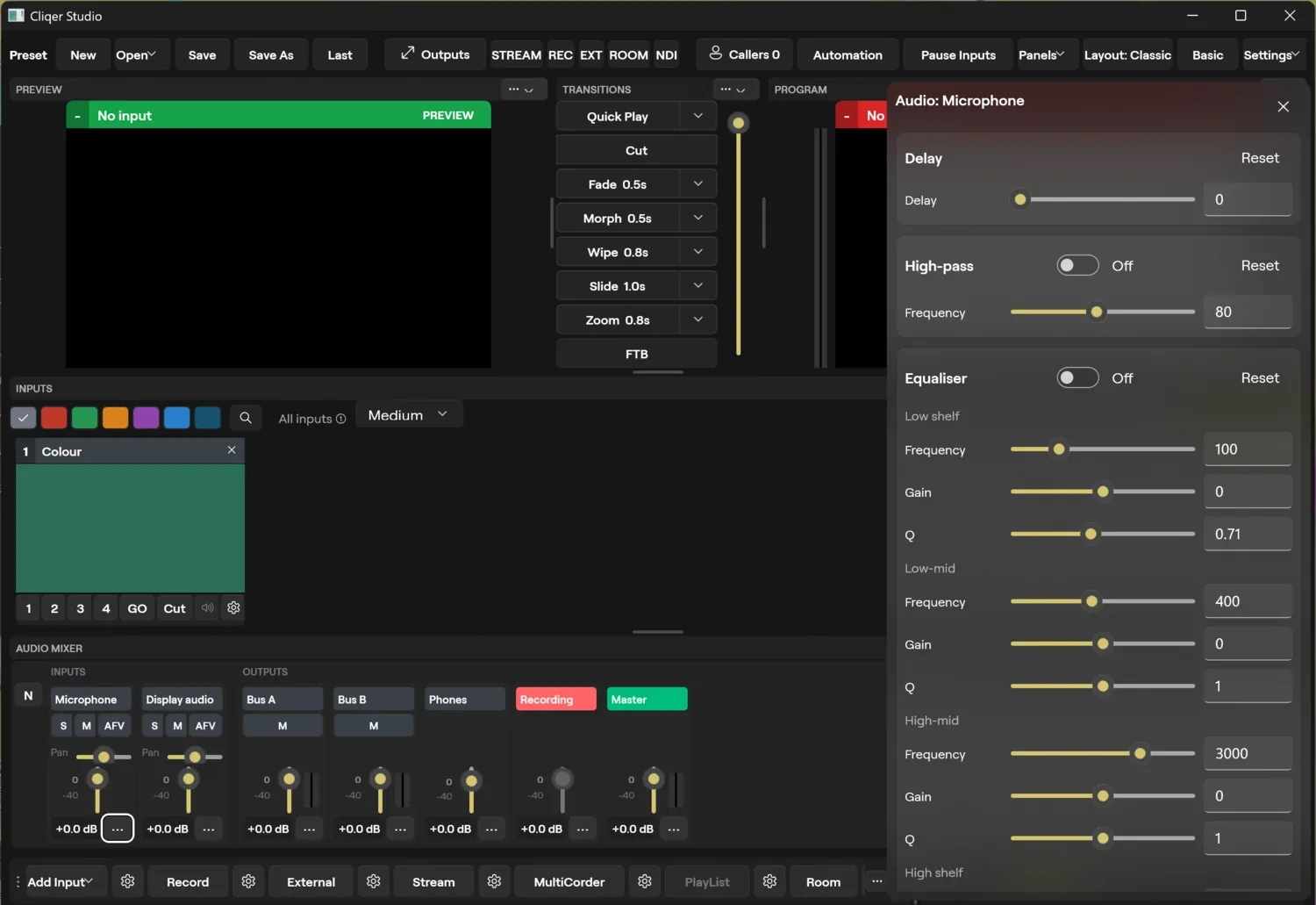 The Studio window on Windows with the audio processing panel of the Microphone