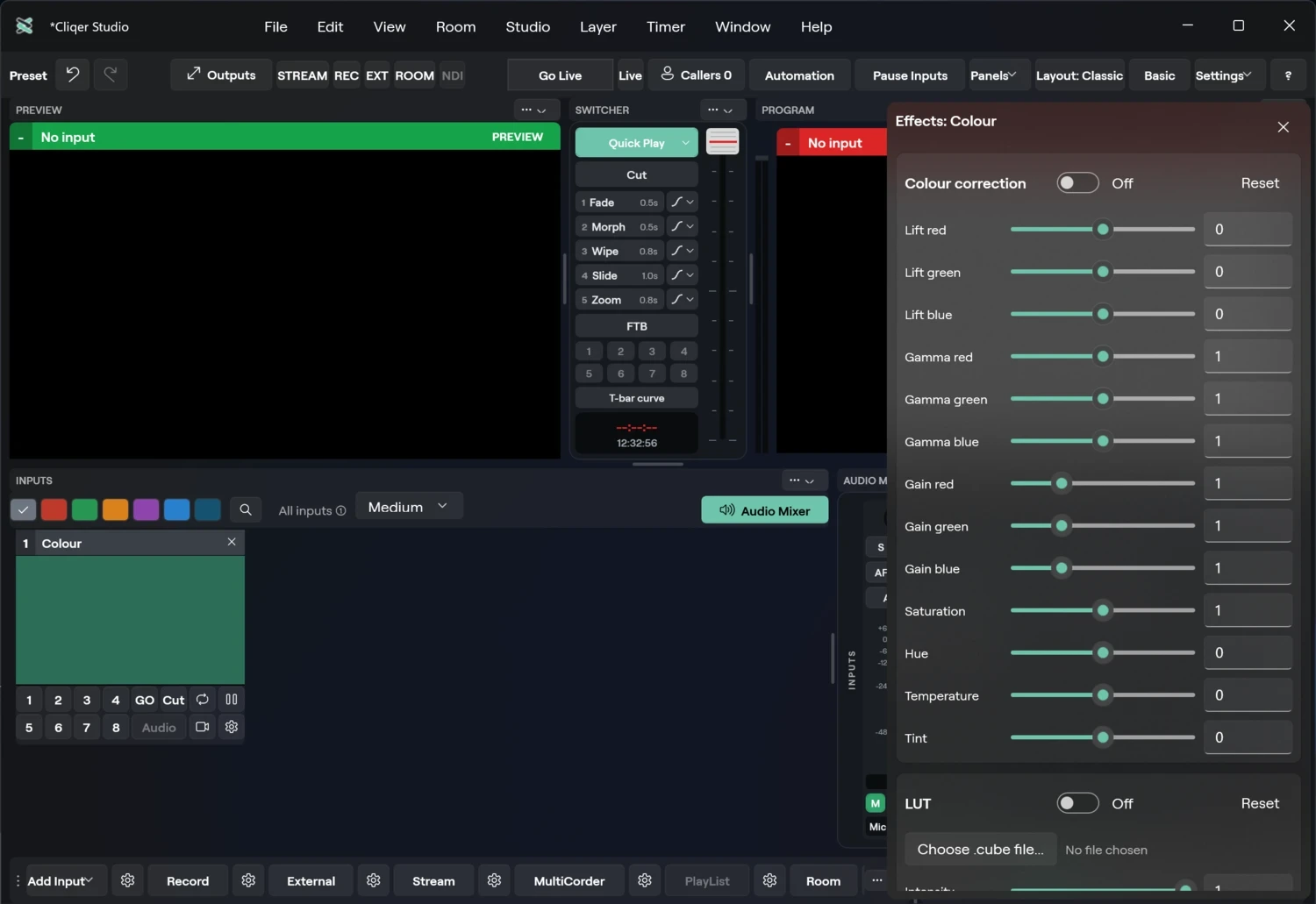 The Studio window on Windows with the Effects panel of a camera: colour correction and LUT