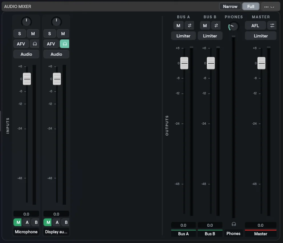 The Audio Mixer on Windows: input strips on the left, Bus A, Bus B, Phones and Master pinned on the right, Narrow and Full keys in the header