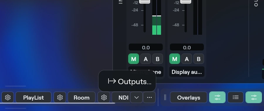The NDI cog menu on Windows with Outputs