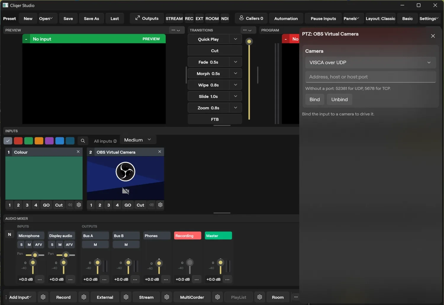 The Studio window on Windows with the PTZ camera panel