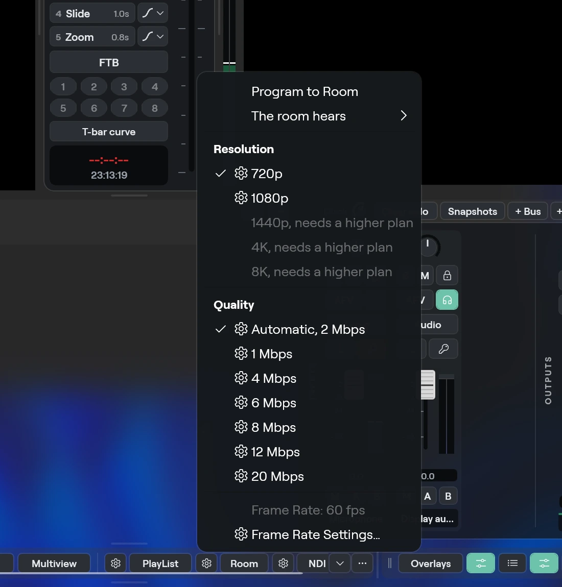 The Room cog menu on Windows with Program to Room, The room hears, Resolution and Quality