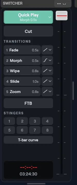 The Switcher column on Windows: green Quick Play with Morph 0.5s, Cut, five numbered transitions with curves, FTB, eight stinger keys, the T-bar curve key, the clock well and the T-bar