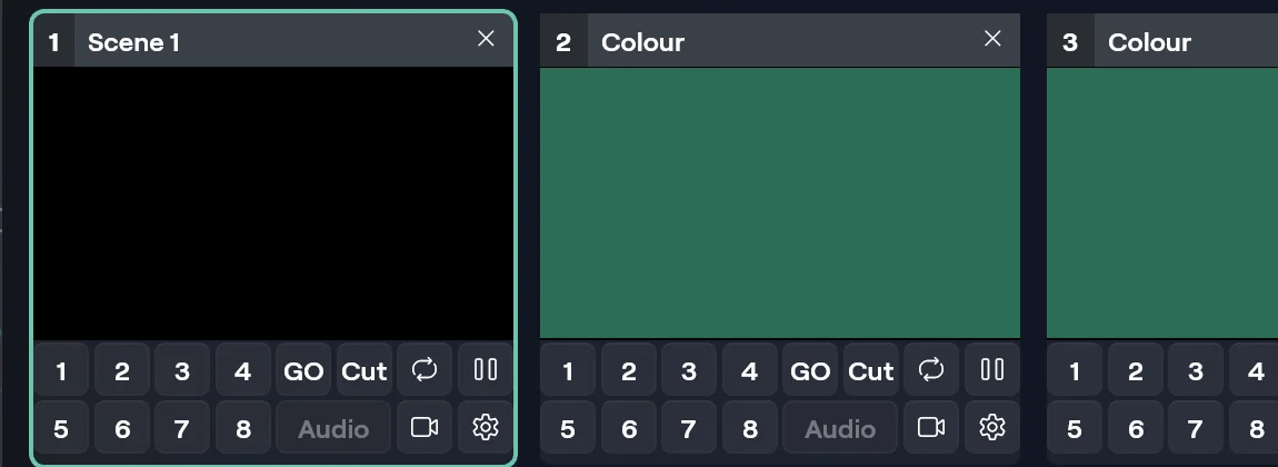 Input tiles on Windows, a scene tile beside two colour tiles, each with a title bar to drag
