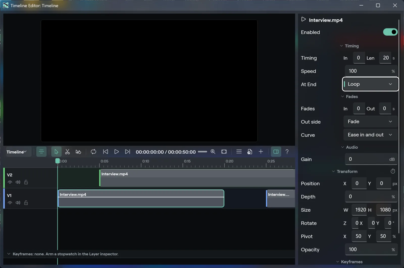 The Timeline Editor on Windows with a media clip selected and the inspector showing the At End choice set to Loop, and the Add Media button in the edit bar
