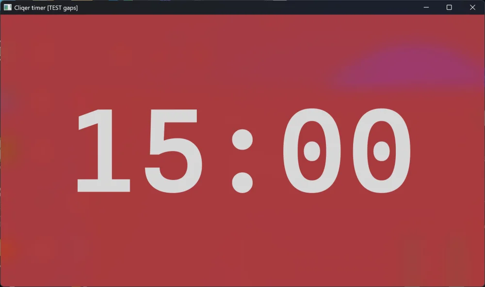 The Cliqer timer window on Windows with a red translucent background and a monospaced font