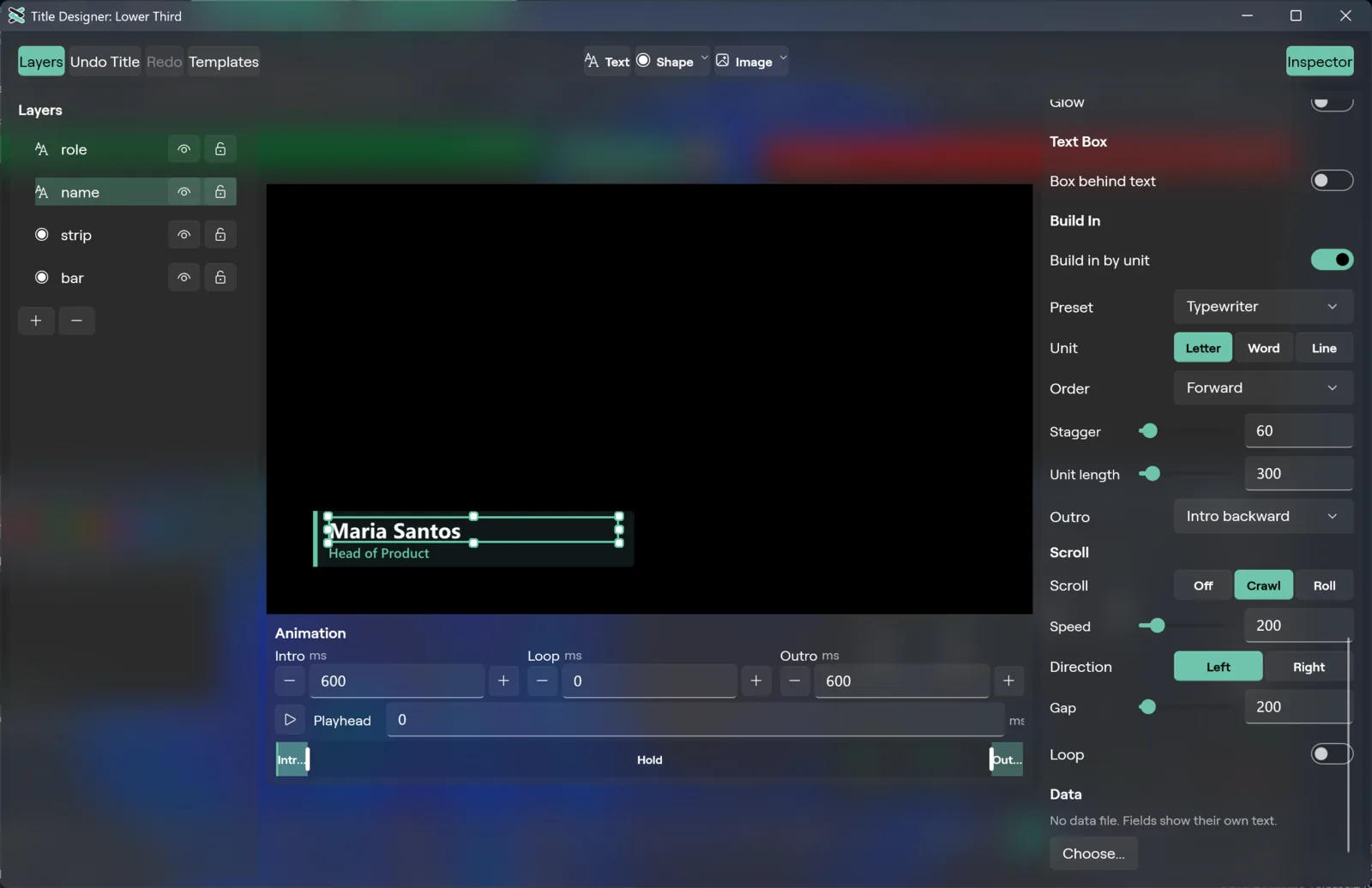 The Build In and Scroll sections of a text element in the Windows Title Designer